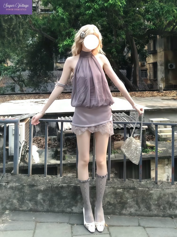 Elastic Lace Trim - スイートロリータ2ピースセット レディース ホルターネック レーストリム シフォンリボン ハイウエストスカート