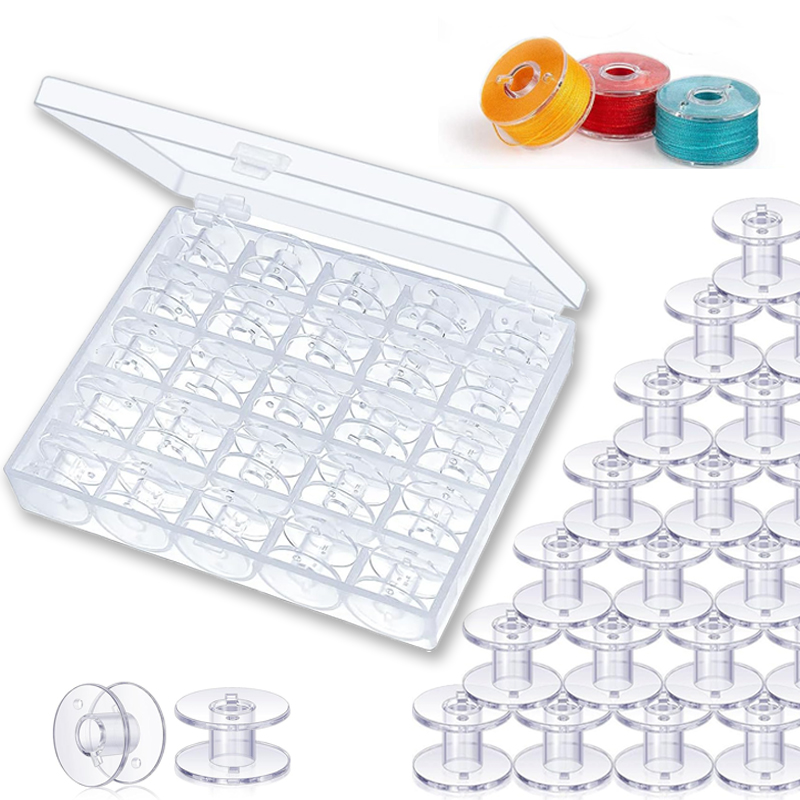 Craft Embellishment Storage - 25個入り 家庭用ミシン用ボトムスレッドボビンセット 裁縫アクセサリー 透明プラスチックスプール 収納ボックス付き ブラザー・ジャノメ用
